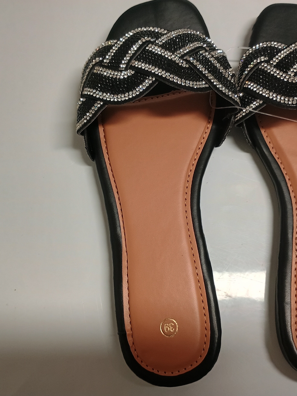 Black Braided Crystal Slide Sandals
